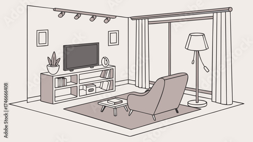 Isometric illustration of a living room interior design with furniture television and lighting.
