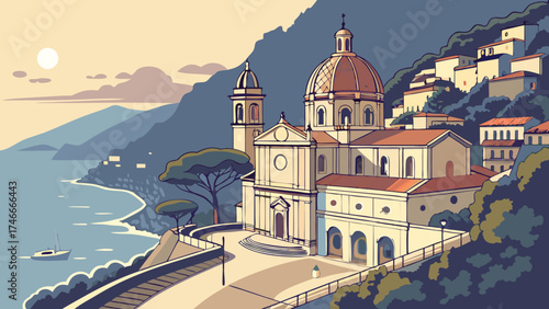 Coastal Church and Village at Sunset Mediterranean Style Illustration Architectural Design Travel Poster.