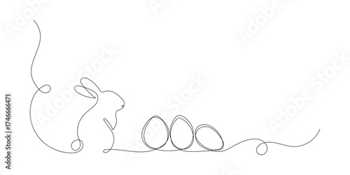 Continuous one line drawing of Easter eggs and rabbit. Greeting banner design with bunny and ears in simple linear style