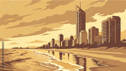 Coastal City Skyline at Sunset Beach View Ocean Waves Urban Landscape Illustration.
