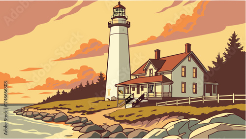 Lighthouse coastal scene sunset sky ocean view seaside house nautical illustration vintage style beach rocks calm sea tranquil scene idyllic landscape summer vacation travel poster c.