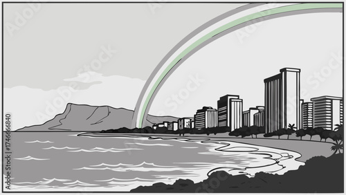 Coastal City Skyline with Rainbow and Ocean Wave Illustration Beach Urban Landscape Tropical Vacation Design.