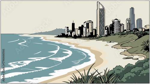 Coastal City Skyline Beach Scene Ocean Waves Urban Landscape Illustration.