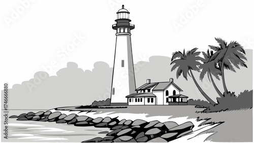 Lighthouse illustration coastal scene tropical beach grayscale nautical artwork ocean view palm trees rocks seaside house beacon navigational aid maritime illustration graphic design.