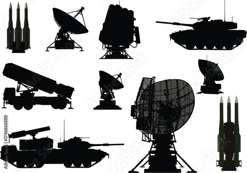 Military silhouettes, missile launchers, radar systems, armored tanks, defense vehicles, warfare equipment, 