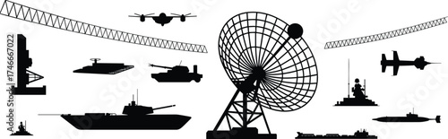 Military silhouettes, communication towers, radar dish, aircraft, submarine, tank, hovercraft, black and white, vector illustration, defense icons, minimal line design