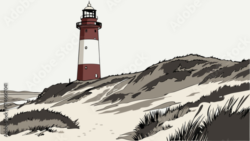 Lighthouse on a sandy coast coastal landscape illustration nautical graphic design seaside tower beacon vector art sea illustration.