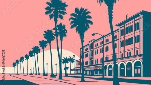 Coastal Cityscape at Sunset Palm Trees Buildings Promenade Vacation Tropical Summer Illustration Vector Art.