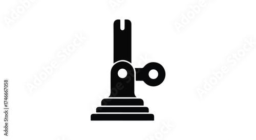 Simple black silhouette of a camera tripod mount with adjustable arm on white background