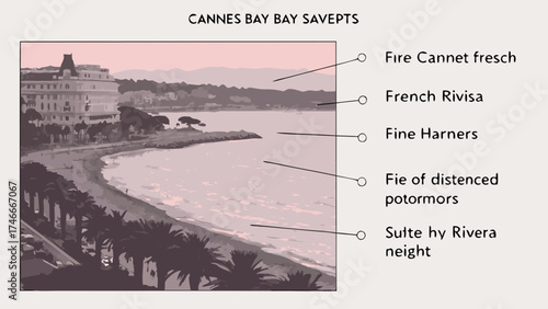 Coastal Cityscape at Sunset Mediterranean Style Artistic Render Beachfront View Palm Trees Buildings Ocean Sea Horizon Dusk Evening Tranquil Scene Vacation Travel Holiday Summer R.