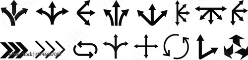 Way direction arrow sign icon set. three arrow, way sign, road direction icon vector. three-way direction arrow sign.Way pointer symbol. Turn arrow navigation sign. Traffic route vector illustration.
