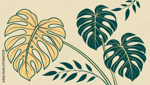 Illustration of monstera leaves in yellow and green on a light beige background artfully arranged