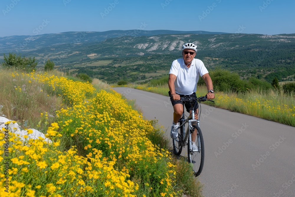 Fototapeta premium Senior Man Cycling on Road Surrounded by Yellow Flowers