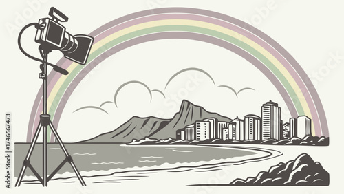 Coastal Cityscape with Camera on Tripod and Rainbow Video Production Filmmaking Travel Vacation Holiday Beach Scene Urban Landscape Nature Photography City View Ocean View Tropical Par.