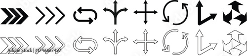 Way direction arrow sign icon set. three arrow, way sign, road direction icon vector. three-way direction arrow sign.Way pointer symbol. Turn arrow navigation sign. Traffic route vector illustration.