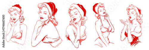 Hand drawn style retro pin-up Christmas models wearing Santa outfits