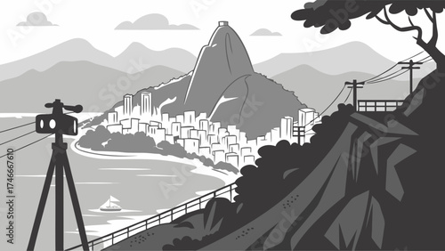 Coastal Cityscape with Mountain and Cable Car Illustration.