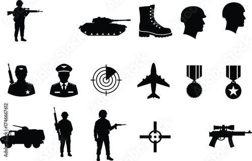 Military silhouettes, soldier icons, weapon graphics, combat symbols, tactical gear, defense elements, black-and-white vector, battlefield tools, war medals, rifle illustrations, strategic visuals