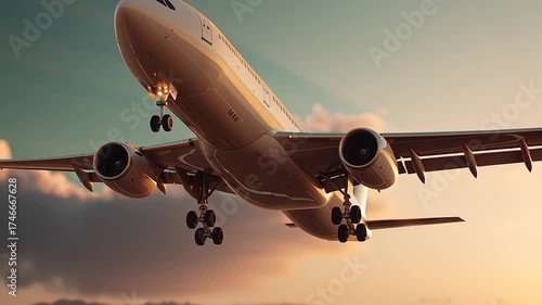 An airplane taking off on the runway at sunset. Travel concept background video