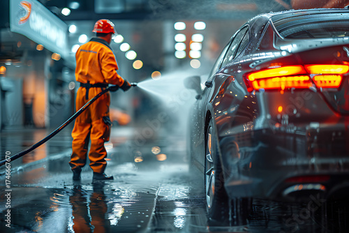 Wallpaper Mural 車を高圧洗浄する日本人洗車スタッフの後ろ姿　光沢と清潔感を重視した洗車風景 Torontodigital.ca