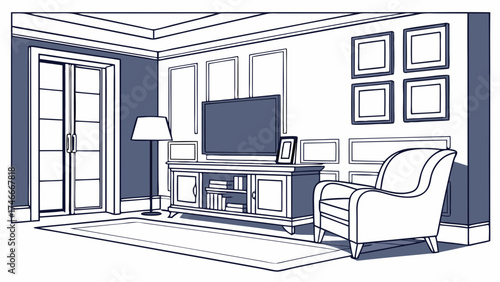 Modern Living Room Interior Design Sketch Flat Illustration Home Decor Cozy Apartment Comfortable Furniture TV Stand Armchair Floor Lamp Wall Decor Pictures Elegant Style Home Design.