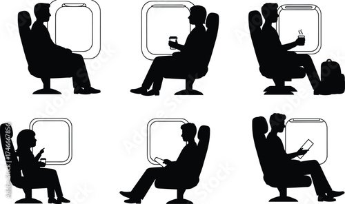 Black and white vector illustration of airplane passengers sitting by windows engaged in travel activities like reading, drinking, using phone, relaxing, lifestyle
