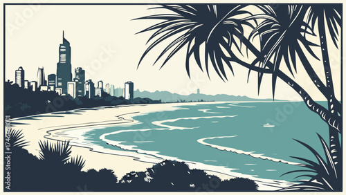 Coastal Cityscape with Palm Trees and Ocean View Artistic Beach Scene Illustration.