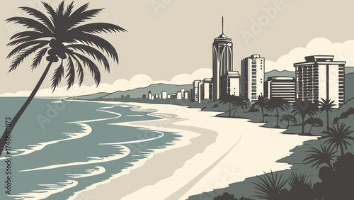 Coastal Cityscape Beach Ocean Palm Trees Skyline Summer Vacation Tropical Seaside Urban Beach Tourist Destination Holiday Travel Retro Style Illustration Vintage Design Coastal Scen.