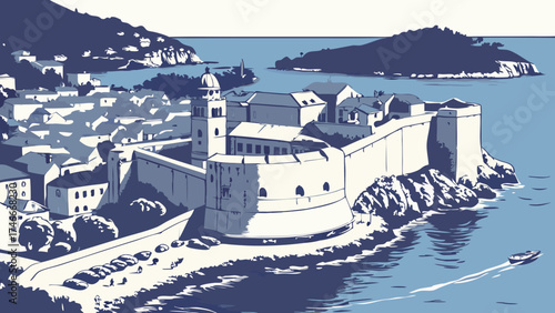 Coastal Cityscape Old Town Walls Sea View Historic Architecture Travel Illustration Vacation Poster Design.