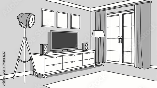 Modern Living Room Interior Design Home Entertainment Setup Television Furniture Grey Tones Simple Style.