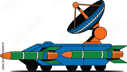 Military vehicle, satellite dish, missile launcher, blue body, orange accent, green missile, cartoon style, vector illustration, defense icon, communication truck, minimal design