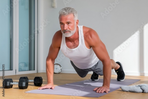 Mature Man Doing Push-Ups at Home Gym