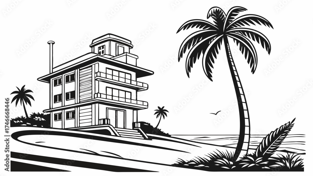 Obraz premium Coastal House with Palm Trees Black and White Illustration.