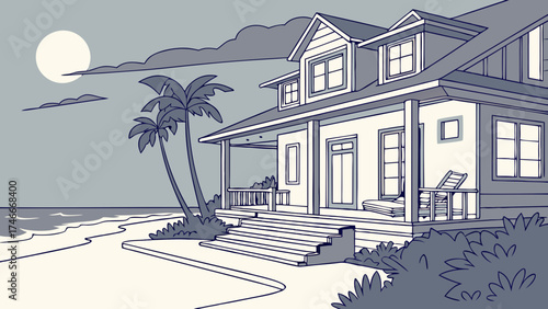 Coastal House at Night Ocean View Palm Trees Moonlit Beach Scene Summer Vacation Home Illustration Tropical Home Design Beachfront Property Artwork Relaxing Seaside House Calm Evening by.