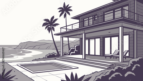 Coastal House with Pool and Palm Trees Ocean View Illustration.