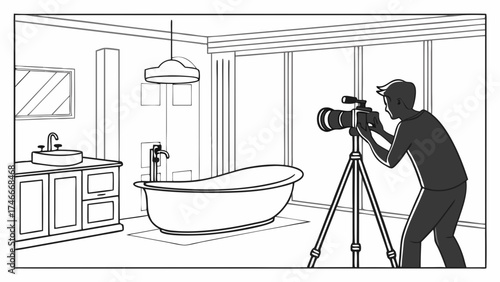 Photographer taking picture of a bathtub in a modern bathroom.