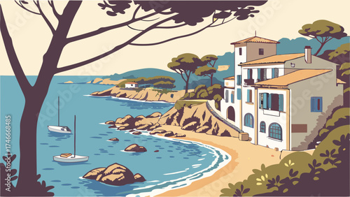 Coastal House Sailboats and Calm Sea Idyllic Summer Vacation Illustration.