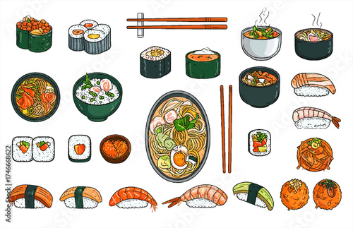 Assorted Japanese Food Vector Collection on White Background