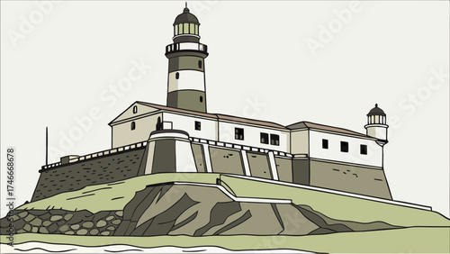 Coastal Lighthouse Building Illustration Maritime Landmark Cliffside Architecture Nautical Design Seaside Structure Navigation Tower Beacon Ocean View Coastal Scene Vintage Illustration.