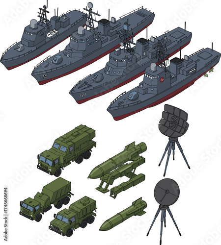 Military warships, ground vehicles, missiles, radar systems, defense technology, naval fleet, combat equipment, surveillance gear, army transport, tactical hardware, warfare assets, strategic tools