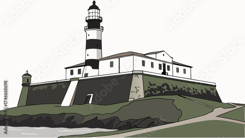 Coastal Lighthouse Illustration Maritime Beacon Ocean View Cliffside Structure Black and White Stripes Sea Landscape Nautical Landmark Vector Graphic Seaside Illustration Travel Design.