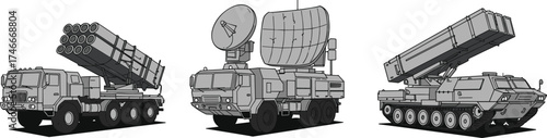 Military vehicles, rocket launcher truck, radar system vehicle, missile platform, defense technology, tactical equipment, surveillance hardware, battlefield assets, 