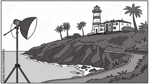 Coastal Lighthouse Scene with Studio Lighting Setup Black and White Illustration.