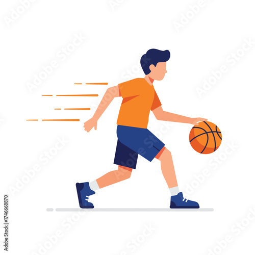 A lively vector illustration showcases a young man actively dribbling a basketball, conveying energetic movement and athletic skill in a modern, flat design.