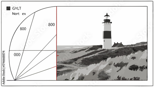 Coastal Lighthouse with Geometric Diagram Monochrome Illustration Nautical Design Maritime Graphic Seascape Art Black and White Image Architectural Illustration Lighthouse Drawing Geometr.