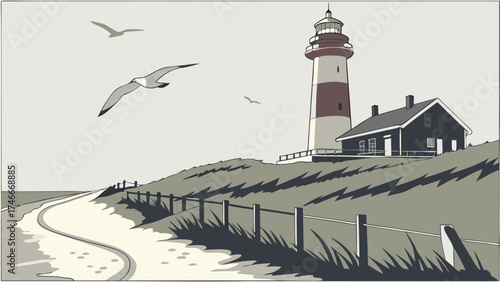 Coastal Lighthouse with Seagulls and Dune Path Illustration.