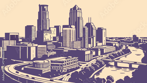 Retro Cityscape Illustration Urban Skyline River Highway Buildings Vintage Style.