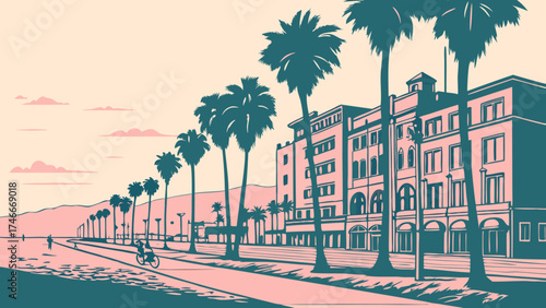 Coastal Promenade with Palm Trees and Building at Sunset.