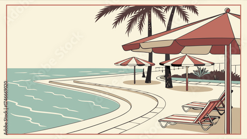 Retro Poolside Paradise Summer Vacation Illustration.