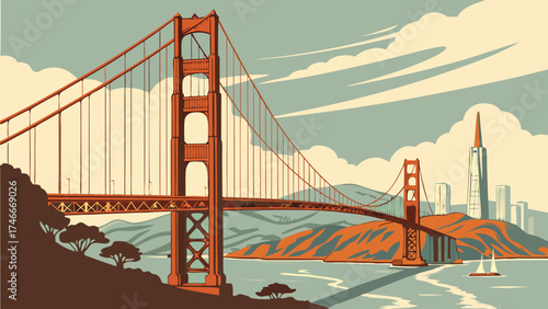 Retro Travel Poster Design Iconic Suspension Bridge and City Skyline Illustration.